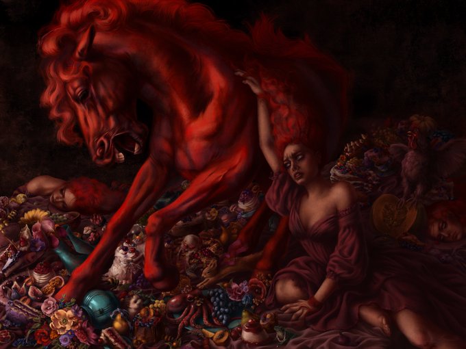 A dark, dramatic painting features a glowing red horse rearing over a sleeping woman in a red dress, surrounded by scattered sweets, flowers, and small animals.