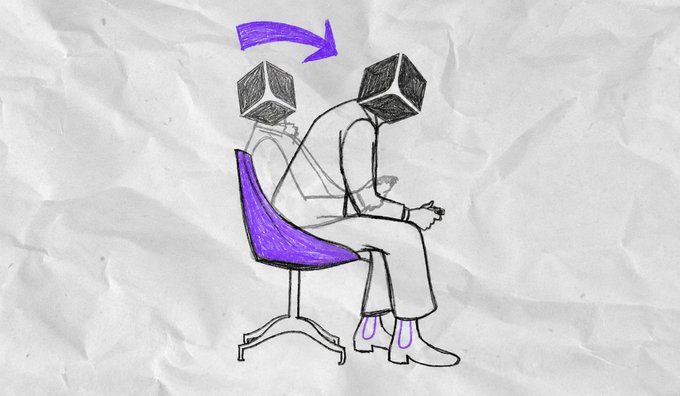 A sketched figure with a cube-shaped head sits slumped forward on a purple office chair, with an arrow above showing the head rotating to a different orientation—visually representing "PAYBOX MODE" as a shift or transformation into a fixed, mechanical mindset.