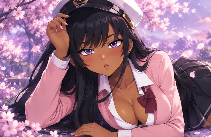 An anime-style illustration of a girl with long dark hair and purple eyes wearing a sailor hat and pink cardigan, posing among cherry blossoms.
