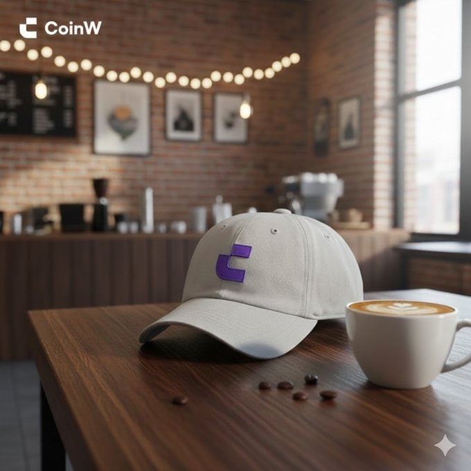 A white baseball cap featuring a purple "C" logo sits on a wooden café table next to a cappuccino, with the "CoinW" branding visible in the corner, perfectly complementing the casual "GM" (Good Morning) vibe.