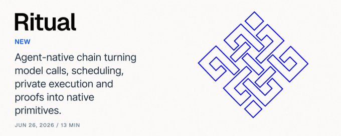 Promotional graphic for Ritual featuring the bold "Ritual" title with a "NEW" tag, describing it as an "Agent-native chain turning model calls, scheduling, private execution and proofs into native primitives," dated JUN 26, 2026, alongside a blue geometric knot-like logo. The image serves as the header banner for a republished research overview of the Ritual network.
