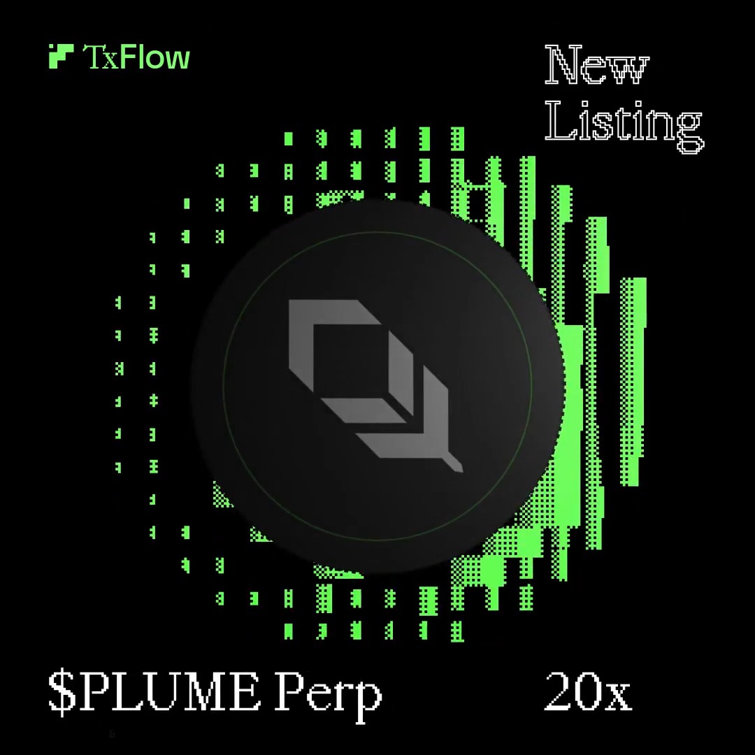 A promotional graphic for TxFlow announcing a new listing for $PLUME Perp at 20x leverage, featuring a green digital waveform design with the platform's hexagonal logo in the center.