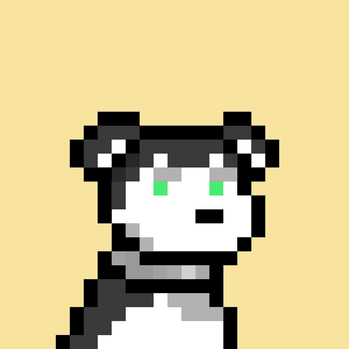 A pixel art illustration of a husky-like dog character with black, white, and gray fur and bright green eyes on a pale yellow background.