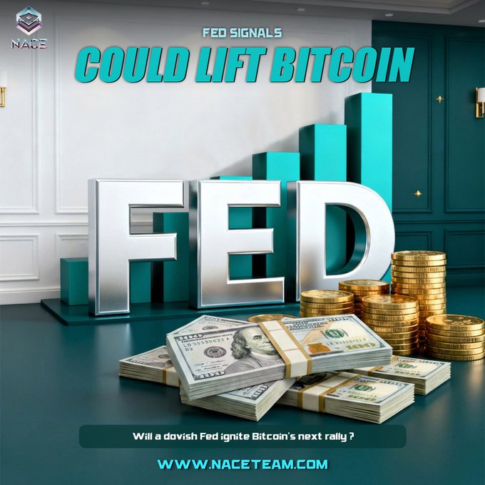 A promotional graphic from NACE features large 3D "FED" letters alongside stacks of U.S. dollar bills and gold coins, with the headline "COULD LIFT BITCOIN" and the tagline "Will a dovish Fed ignite Bitcoin's next rally?" referencing the post's discussion of Federal Reserve signals impacting Bitcoin markets.
