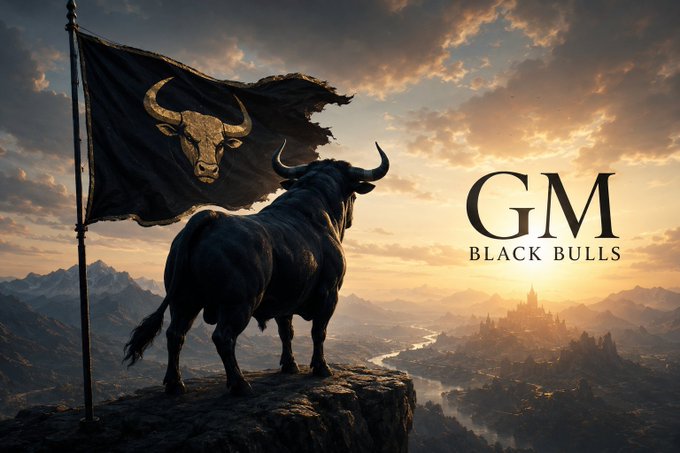 An epic fantasy scene featuring a black bull standing on a cliff beside a torn black flag with a golden bull emblem, overlooking a kingdom at sunset, with text 'GM BLACK BULLS'.
