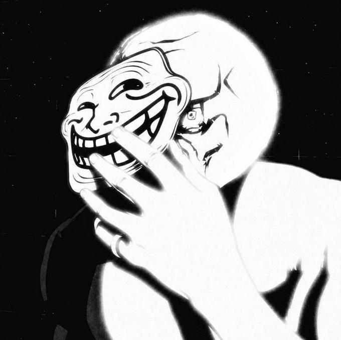 A black and white stylized illustration of a muscular figure wearing a grinning theatrical mask, holding their hand up to the mask's face.