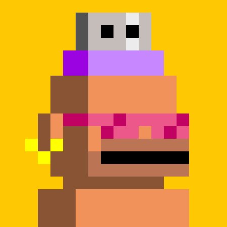 A pixel art character with dark skin, pink and purple layered clothing, and white rectangular eyes on a yellow background.