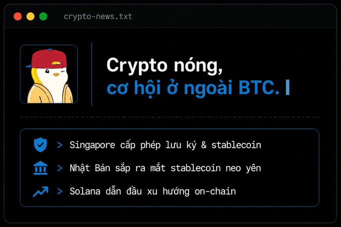 A digital news card titled 'Crypto nóng, cơ hội ở ngoài BTC' with bullet points mentioning Singapore stablecoin licensing, Japan launching a yen stablecoin, and Solana leading on-chain trends.