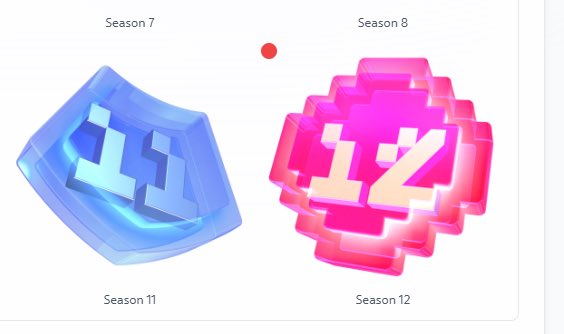 The image displays two crystal-shaped items representing NFT seasons: a blue "11" shield labeled "Season 7" and "Season 11" on the left, and a pink rose-like "12" labeled "Season 8" and "Season 12" on the right. This relates to the post about Soneium Season 12 NFT rewards, showing the visual badges users can earn by completing tasks to mint teacher NFTs.