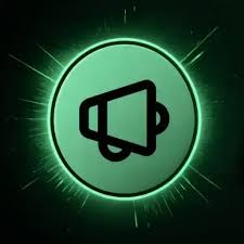 A green glowing circular logo featuring a black megaphone icon in the center with radiating light streaks, set against a dark background.