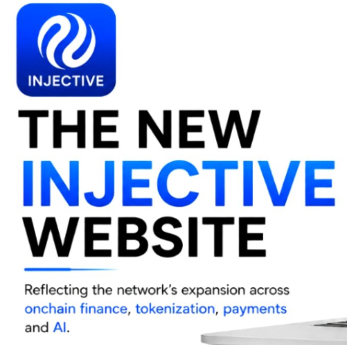 A promotional graphic with the Injective logo and text announcing 'THE NEW INJECTIVE WEBSITE', noting it reflects the network's expansion across onchain finance, tokenization, payments and AI.