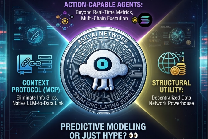 The image is a promotional graphic for "$SKYAI Network," highlighting its "Action-Capable Agents" with "Multi-Chain Execution," and showcasing two key pillars: "Context Protocol (MCP): Eliminate Info Silos, Native LLM-to-Data Link" and "Structural Utility: Decentralized Data Network Powerhouse," while posing the question "Predictive Modeling or Just Hype?"—visually reinforcing the post's thesis on $SKYAI's AI-Web3 infrastructure focus.