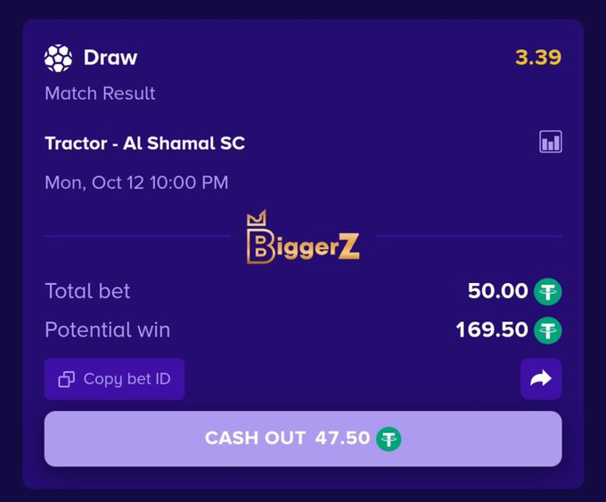 A betting interface from 'BiggerZ' showing a 'Draw' match result of 3.39 for 'Tractor - Al Shamal SC' on Mon, Oct 12 10:00 PM, with a total bet of 50.00, a potential win of 169.50, and a cash out option of 47.50.