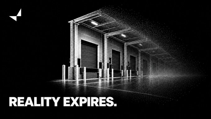 A stylized black and white image of a loading dock with loading bays and the bold text 'REALITY EXPIRES.' at the bottom, along with a small star-like logo in the upper left.