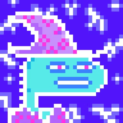 A pixel art image featuring a blue character with a white and pink hat against a blue and white background.