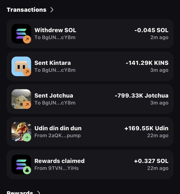 A screenshot of transaction history showing a SOL withdrawal of -0.045 SOL along with outgoing token transfers (Kintara, Jotchua, and Udin) sent to address "BgUN...CY8m" within minutes of each other. The transactions are consistent with the post's claim of being "drained" of funds, showing suspicious outbound transfers of multiple assets in a short timeframe.