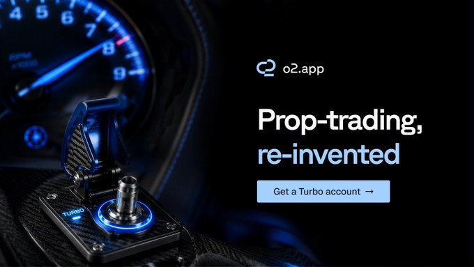 An advertisement for o2.app featuring a car gear shift and tachometer, promoting 'Prop-trading, re-invented' with a 'Get a Turbo account' button.