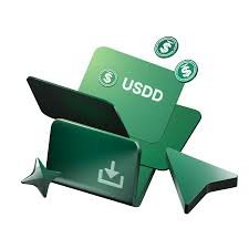 A 3D graphic of a green envelope labeled 'USDD' with dollar sign coins above it and a download icon below.