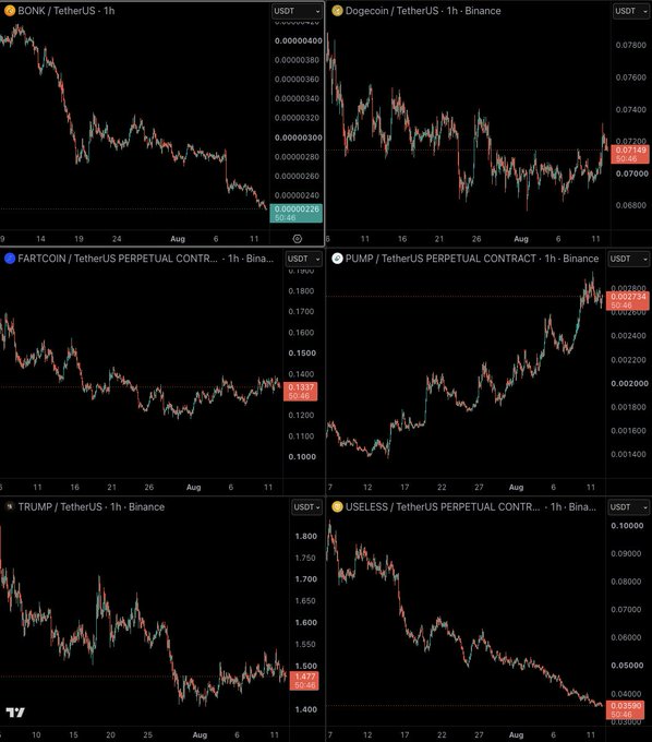 A six-panel TradingView chart displays 1-hour candle charts for BONK, Dogecoin, Fartcoin, PUMP, TRUMP, and USELESS against Tether/USDT, with the PUMP/USDT chart notably showing a strong upward trend that contrasts with the declining or sideways movements of the other meme coins.