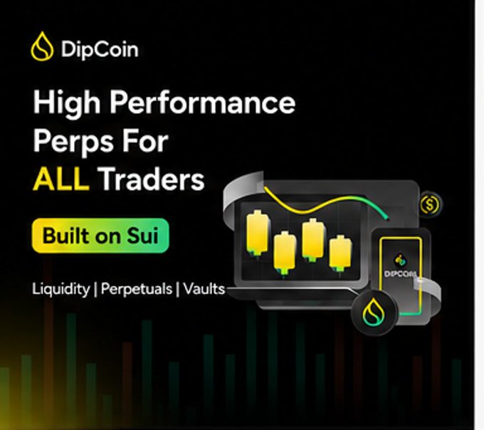 A black background with yellow text reading "High Performance Perps For All Traders". Below this, there are three yellow graphs. One of these has a green arrow pointing upwards, which appears to represent a sudden increase or spike. The other two have red bars and lines, suggesting they might be part of an old trading chart or graph with trends that could be helpful in understanding how things used to perform on this platform.