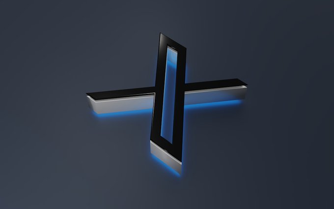 A stylized cross-shaped logo with black and silver metallic edges and glowing blue neon lines, set against a dark gray background.