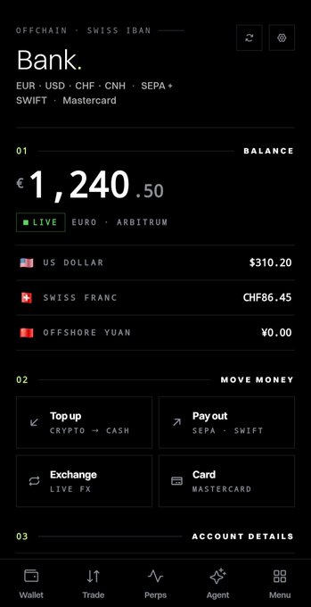 A mobile banking app screenshot titled 'Bank.' displaying a Swiss IBAN account with a balance of €1,240.50 in EUR on Arbitrum, showing balances in US Dollar, Swiss Franc, and Offshore Yuan, along with options to Top up (crypto to cash), Pay out (SEPA/SWIFT), Exchange (live FX), and Card (Mastercard).