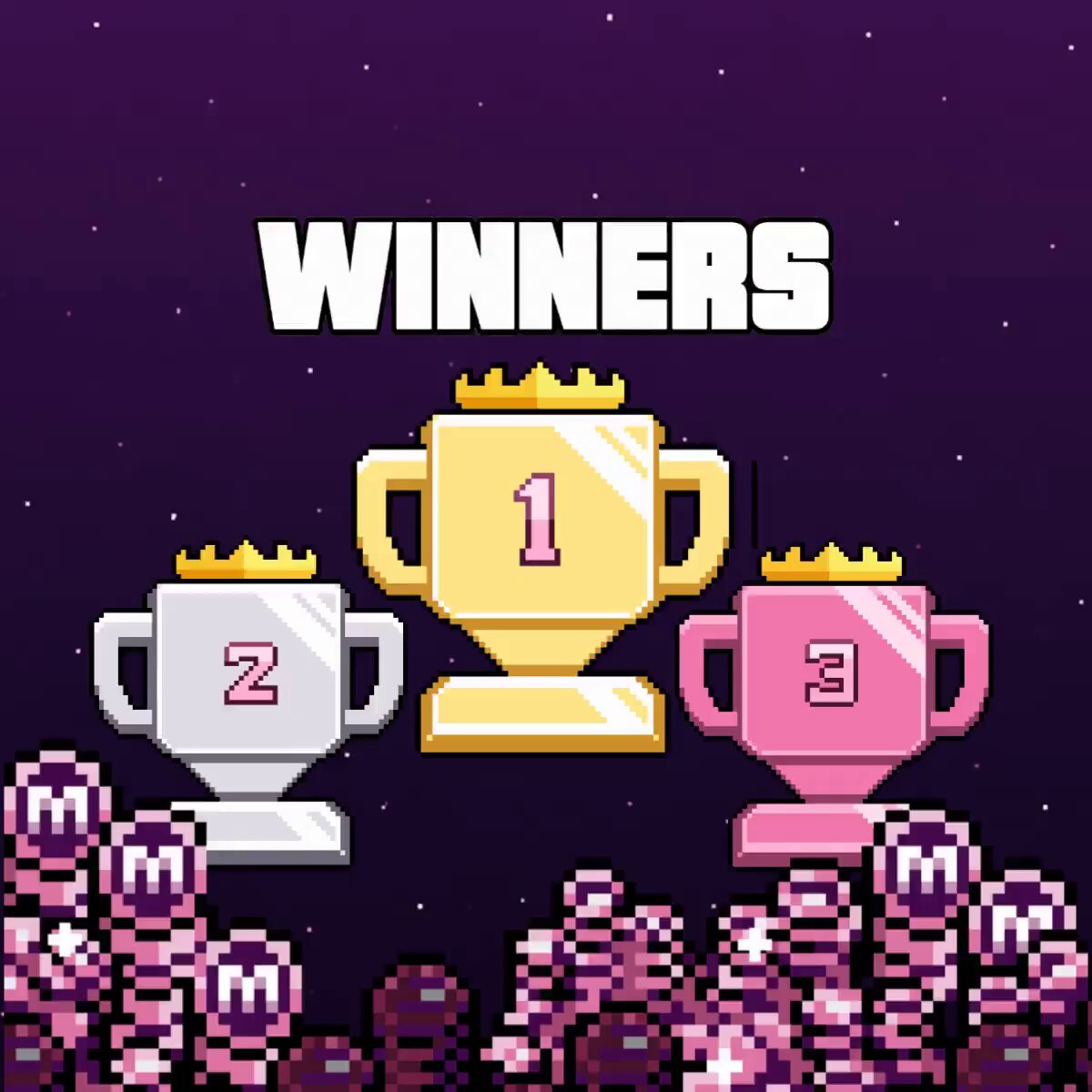 The image shows three gold trophies with a pink crown on top of each trophy, placed against a purple background. The text " Winners" is written above them, indicating that they have won an award or competition. Below the trophies, there are three posts related to the event, including one for METH Rewards Week and two posts about the winners.