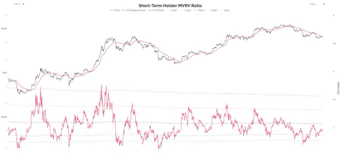A financial chart titled 'Short-Term Holder MVRV Ratio' displays price movements alongside a moving average and the Short-Term Holder MVRV Ratio.