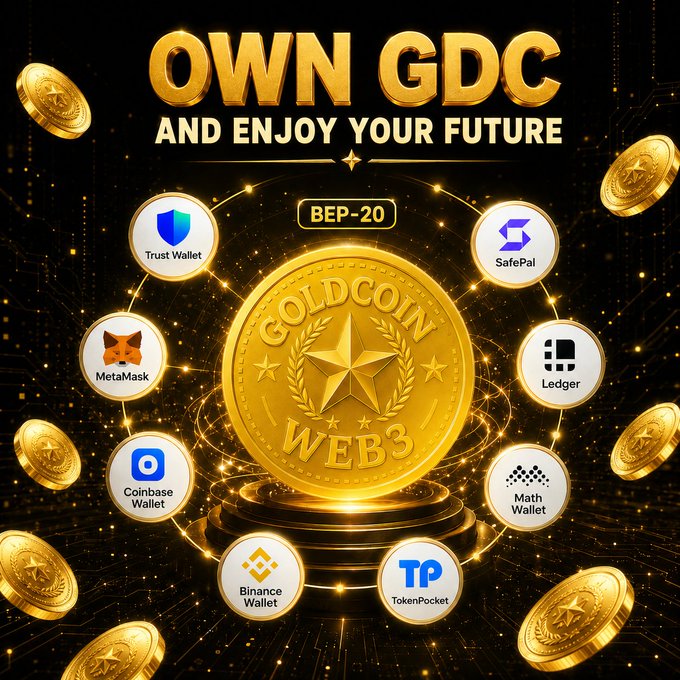 A promotional graphic titled 'OWN GDC AND ENJOY YOUR FUTURE' features a central 'GOLDCOIN WEB3' BEP-20 coin surrounded by wallet logos including Trust Wallet, SafePal, MetaMask, Ledger, Coinbase Wallet, Math Wallet, Binance Wallet, and TokenPocket.
