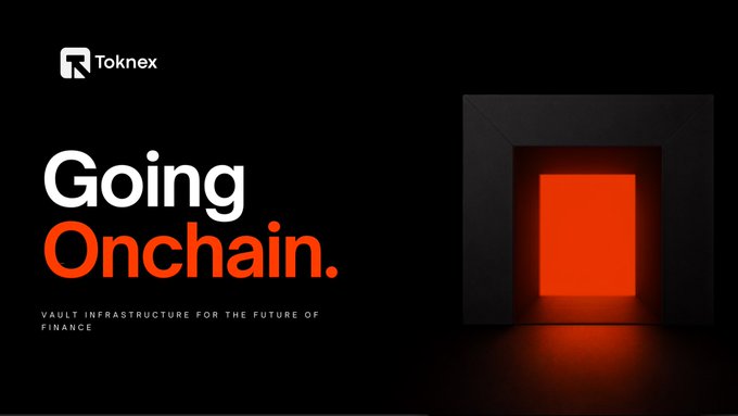 A dark promotional banner for Toknex featuring the tagline 'Going Onchain.' with a subtitle 'VAULT INFRASTRUCTURE FOR THE FUTURE OF FINANCE' alongside a glowing red doorway graphic.