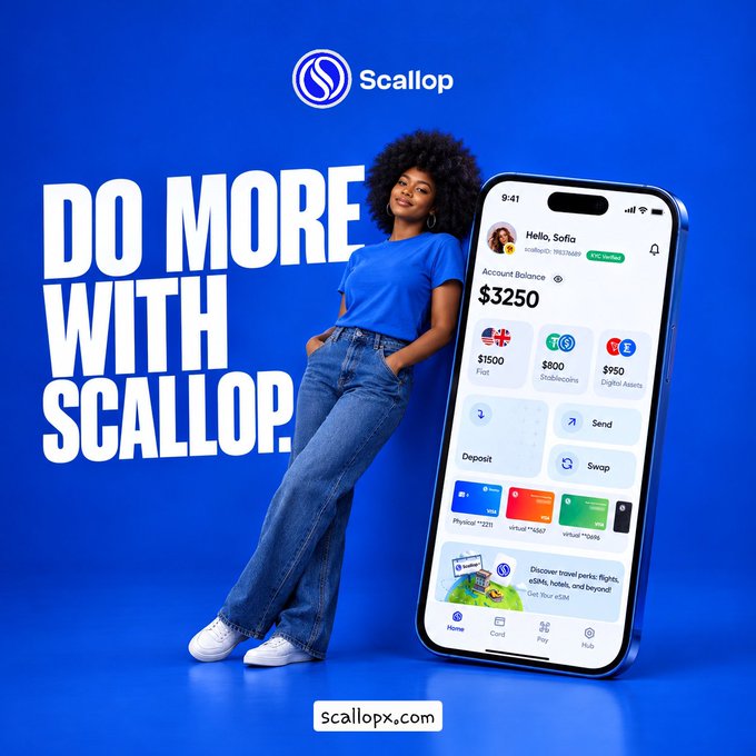 A Scallop mobile app advertisement with bold text 'DO MORE WITH SCALLOP.' featuring a woman in blue next to a phone showing account features including a $3250 balance, virtual cards, and deposit/send/swap options, with the website scallopx.com.