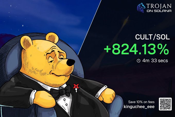 A cartoon bear in a tuxedo lounges in a chair alongside a "Trojan on Solana" graphic showing "CULT/SOL +824.13%" in 4m 33 secs, promoting a 10% fee discount with code "kinguchee_eee"—the image visually highlights one of the early altcoin calls ($SOLCULT) referenced in the post as part of a cabal's Solana trading picks.