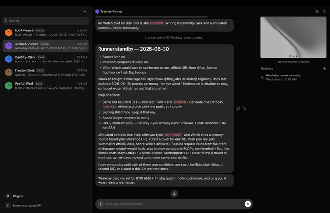 A screenshot of a chat interface titled "Testnet-Runner" displaying a "Weekday runner standby" conversation with detailed instructions about ID verification, prep checklist items, and references to a real Watch brief.