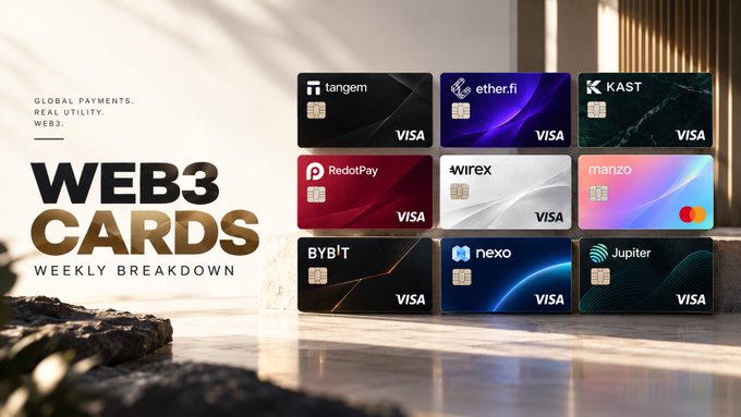 The image showcases a "WEB3 CARDS WEEKLY BREAKDOWN" titled graphic featuring nine crypto-linked payment cards from brands including Tangem, ether.fi, KAST, RedotPay, Wirex, Marizco (Mastercard), BYB't, nexo, and Jupiter—most branded with Visa. The luxurious marble setting with golden lighting visually reinforces the premium nature of these Web3 financial products that enable direct wallet top-ups and cashback rewards highlighted in the post.