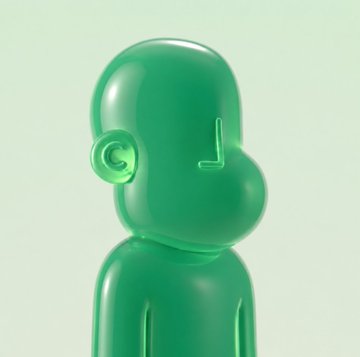 A glossy green 3D cartoon-style character with a large nose and ear detail against a light green background.