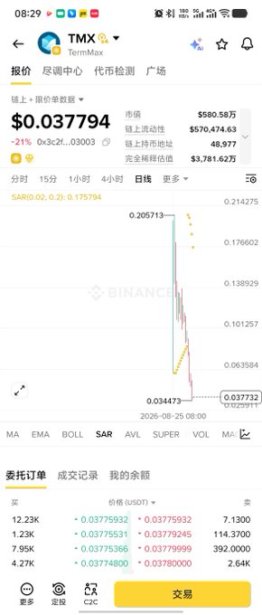 A Binance mobile app screenshot shows the TMX (TermMax) token trading at $0.037794, down 21%, with a market cap of $580.50万 and a candlestick chart on the daily timeframe displaying volatile price action between roughly $0.034 and $0.21. The image visually supports the post's complaint by highlighting TermMaxFi's sharp price decline and meager valuation despite an airdrop so stingy most users staked their tokens rather than trade them.