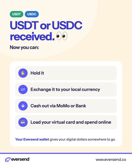 An Eversend digital wallet advertisement graphic explaining options for using received USDT or USDC, including holding, exchanging to local currency, cashing out via MoMo or Bank, and loading a virtual card.