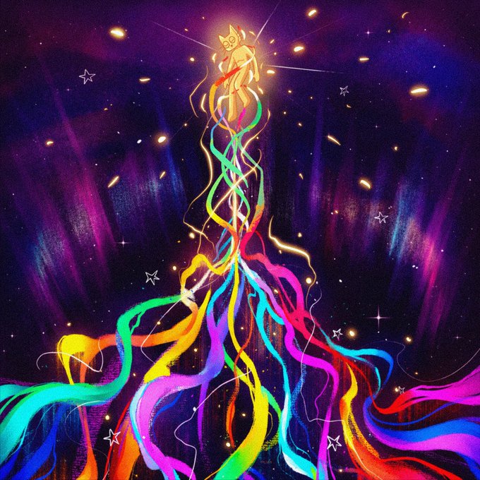 A cosmic painting featuring a glowing golden cat figure perched atop a twisting cascade of vibrant rainbow ribbons against a starry purple and blue aurora-filled sky.