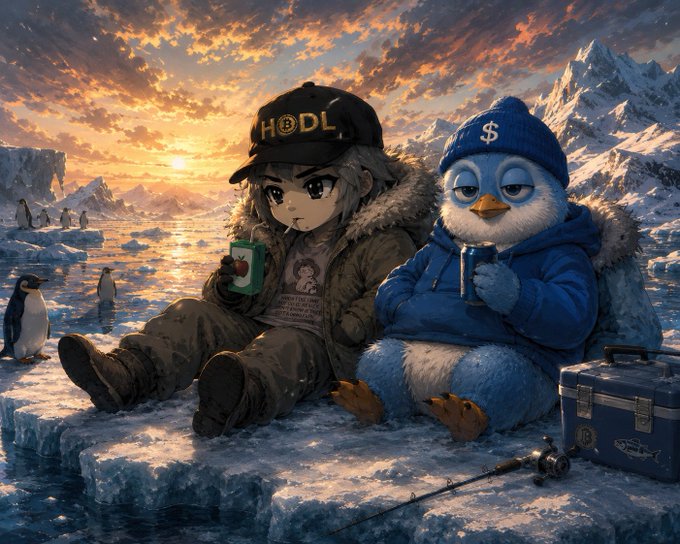 An anime-style illustration showing a character wearing a "HODL" cap sitting on ice next to a penguin-like character in a blue beanie with a dollar sign, set against a sunset Arctic landscape with penguins and fishing gear.