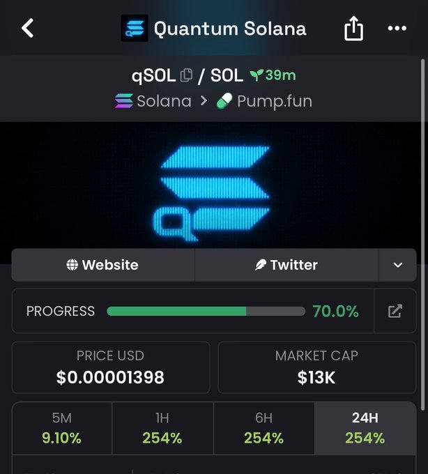 A cryptocurrency token page for 'Quantum Solana' (qSOL/SOL) on the Solana network via Pump.fun, showing a price of $0.00001398, market cap of $13K, and 254% gains across 1H, 6H, and 24H timeframes.