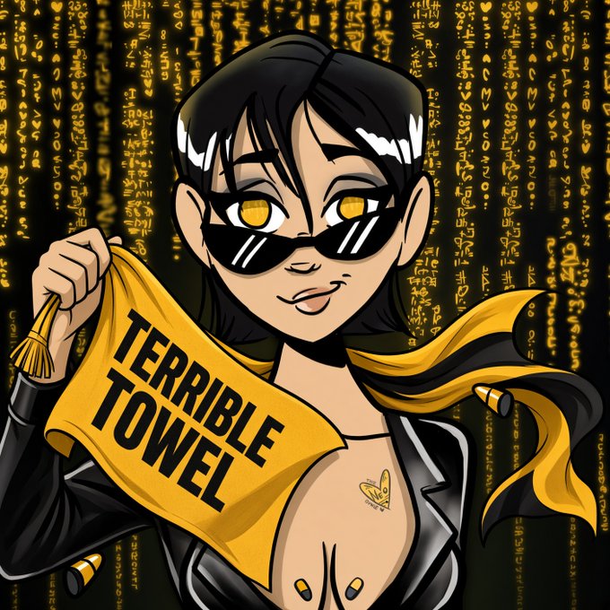 An anime-style cartoon illustration of a woman with yellow eyes and sunglasses holding a yellow flag that reads 'TERRIBLE TOWEL', with a gold hieroglyphic-style background.