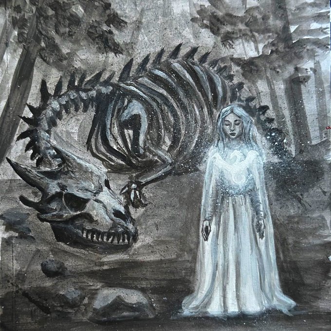 A painting depicts a pale, ethereal woman in a white gown standing next to a large dinosaur skull and skeleton in a misty forest setting.
