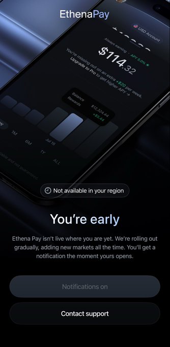 A screenshot of the EthenaPay mobile app interface showing a balance of $114.32 and a message reading 'Not available in your region' and 'You're early', noting that Ethena Pay isn't live yet with options for 'Notifications on' and 'Contact support'.