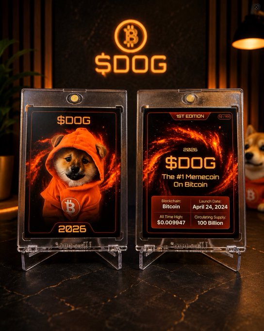 A promotional display for '$DOG' cryptocurrency memecoin featuring two collectible coin holders/cases with fiery designs, one showing a Shiba Inu in an orange Bitcoin hoodie, dated April 24, 2024, with 100 Billion circulating supply, displayed in a dark room with neon Bitcoin signage.