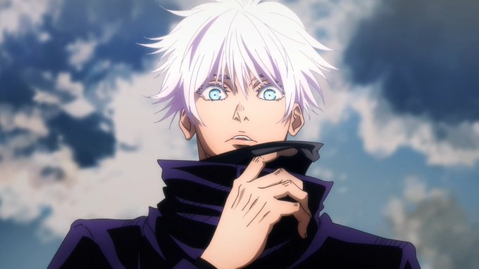 An anime character with white hair and striking blue eyes looks upward, his hand raised to his chin, set against a cloudy blue sky.