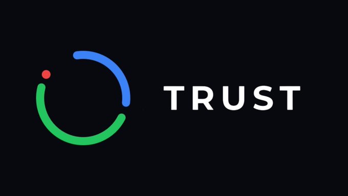 The logo for 'TRUST Wallet' is shown, featuring a stylized blue and green circular icon next to white text on a black background.