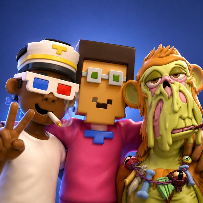 Three cartoon-style characters pose together against a blue background: a smoking figure with 3D glasses and a captain's hat flashing a peace sign, a pixelated block-headed character in a pink shirt, and a slime-covered monkey wearing a tribal bone necklace. The post's "gm" (good morning) greeting and "Mutant Monday" theme align with the quirky, mutated monkey character, while the wholesome trio vibe matches the encouraging "new week, we go again" energy.