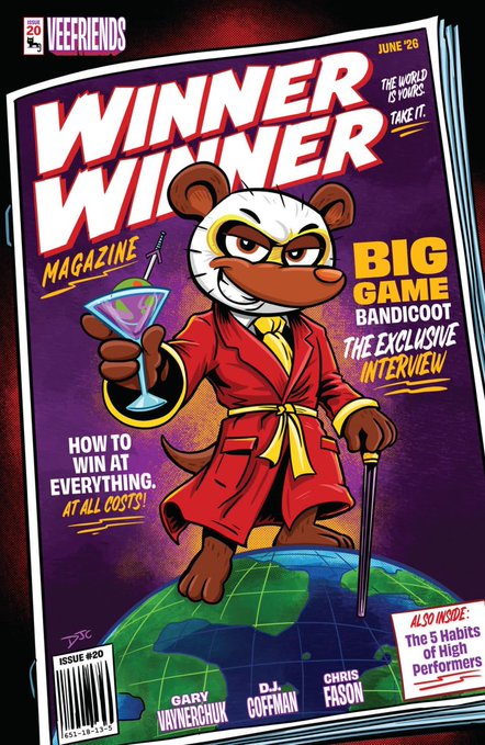 A magazine cover for 'Winner Winner Magazine' featuring an anthropomorphic bandicoot in a red robe holding a martini glass, with headlines like 'BIG GAME BANDICOOT THE EXCLUSIVE INTERVIEW'.