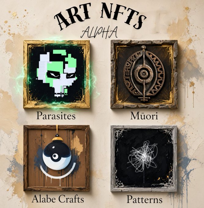 A promotional graphic titled 'ART NFTS ALPHA' featuring four framed artworks labeled 'Parasites', 'Muori', 'Alabe Crafts', and 'Patterns' arranged in a grid on a textured background.