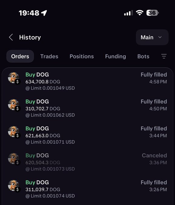 A crypto trading app displays the order history showing multiple "Buy DOG" limit orders ranging from 310,000 to 634,700 DOG at limit prices between 0.001049 and 0.001074 USD, with most fully filled and one canceled. The screenshot reinforces the post's message of consistent DOG accumulation, as 4 out of 5 buy orders were successfully executed across varying prices and quantities.